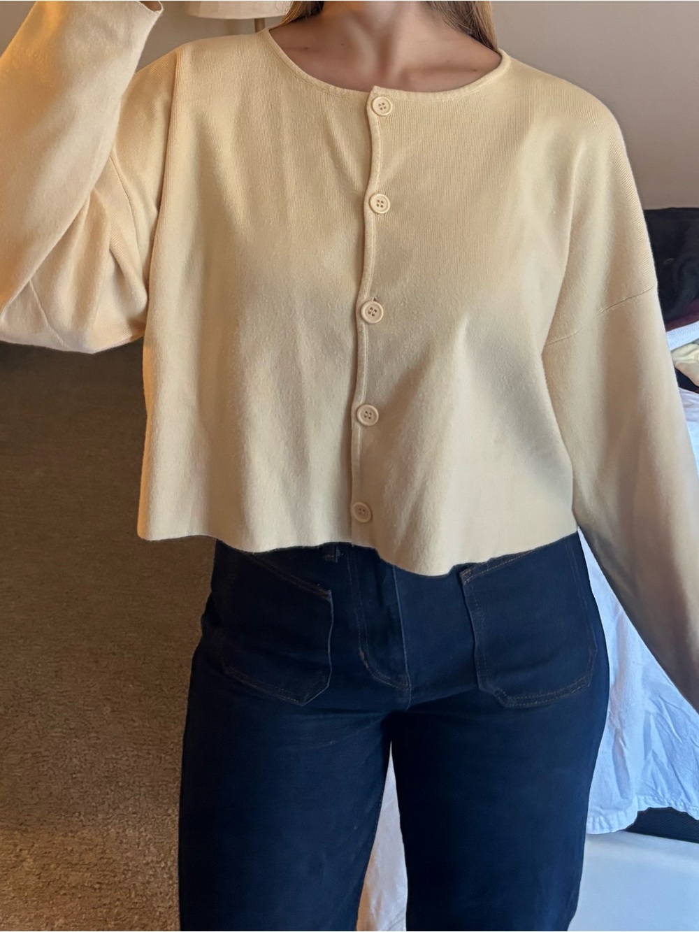 Le Lis Pale Yellow Cropped Button-Front Cardigan
